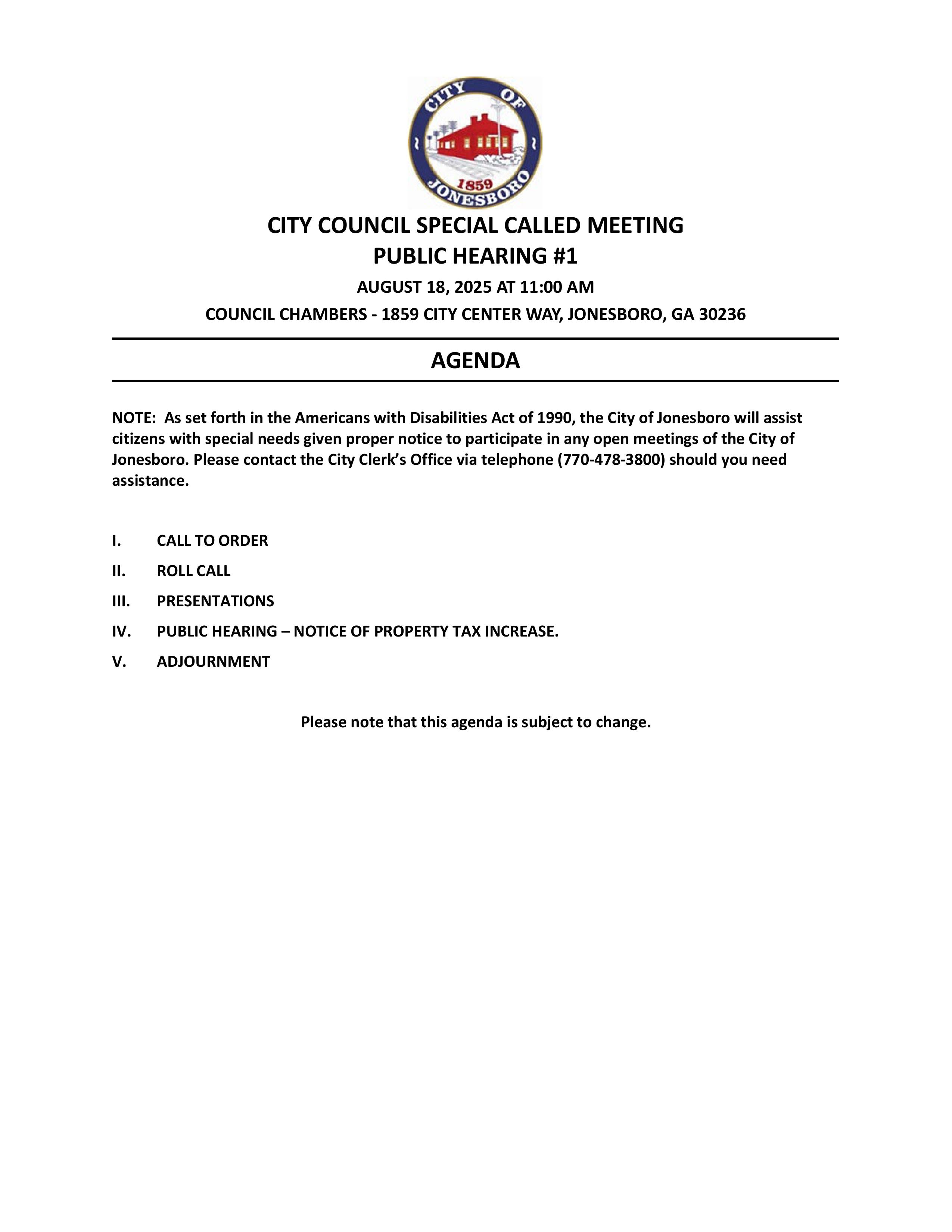 PUBLIC NOTICE - SPECIAL CALLED MEETING PUBLIC HEARING #1 
